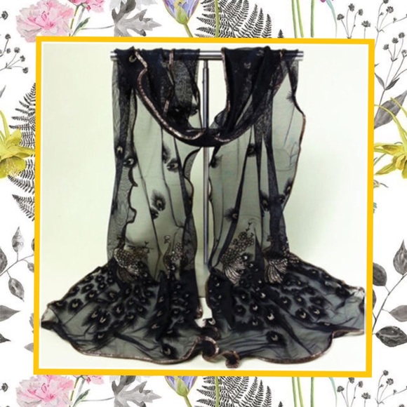 Unique Styles scarf Accessories - 🍒 1PC BLACK PEACOCK EMBROIDERED LONG SCARF GOLD